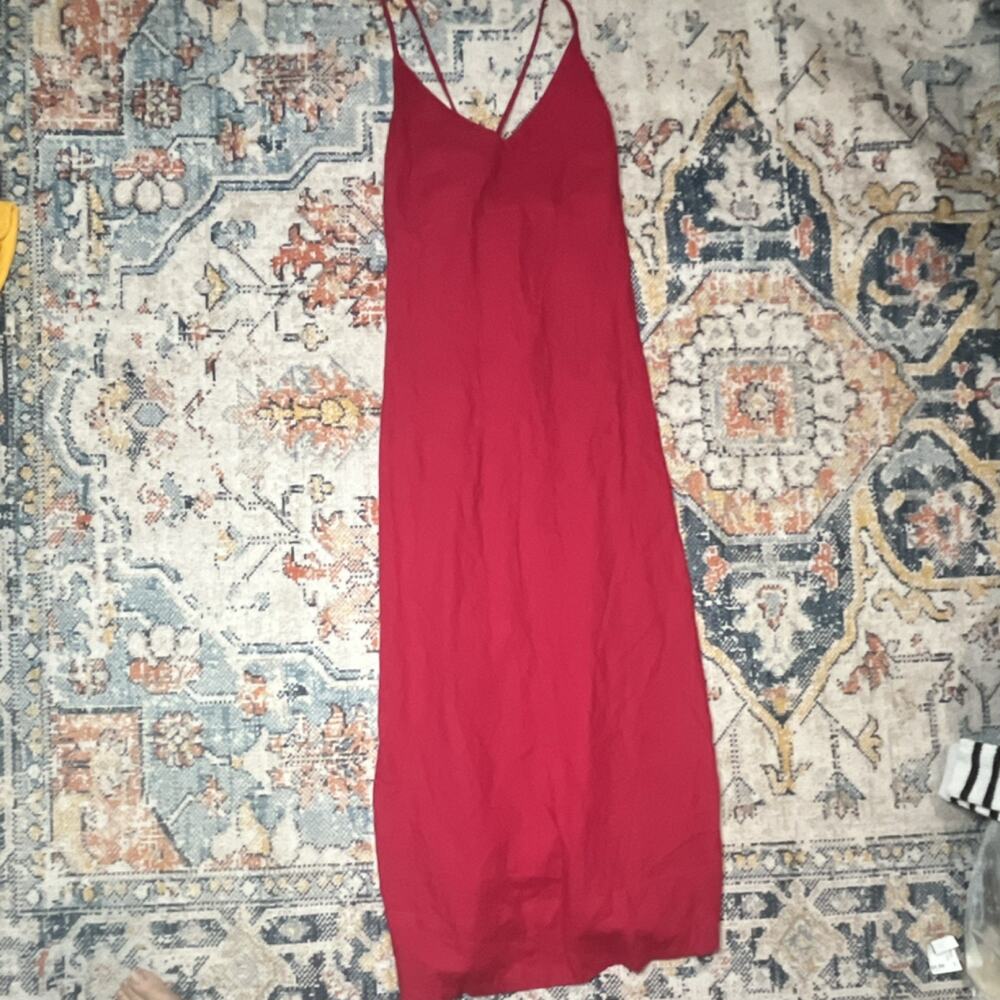 Free People Red Linen Blend V-Neck Strappy Maxi Dress Button Accent Size Small